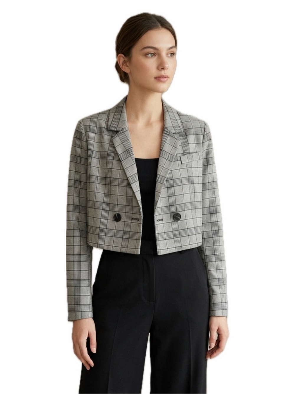 SO WOMEN S CROPPED PLAID BLAZER DOUBLE BREASTED BUTTON PADDED